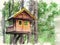 Water color painting of a wooden structure treehouse shelter in a forest of trees