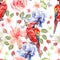 Water color pattern with flowers roses, iris, hibiscus, leaves and berries and a parrot.