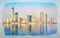 Water color of skyline of the city of Xiamen with reflections