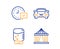 Water cooler, Car and Select alarm icons set. Circus tent sign. Office drink, Transport, Time symbol. Vector