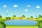 Water cycle process with a pond and blue sky. Evaporation, condensation, and precipitation process infographic diagram for the