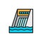 Water dam, hydro power plant, hydroelectric station flat color line icon.