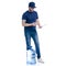 Water delivery man in blue t-shirt and cap with smartphone and document invoice signature