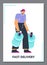 Water delivery man carrying two gallons of clean water, poster template - flat vector illustration.