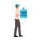 Water delivery worker holding blue bottle - cartoon man with liquid container