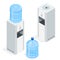 Water dispenser on white background. Water cooler for office. Flat 3d isometric vector illustration.