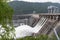 water drain wave, rapid water flows at the Krasnoyarsk dam hydroelectric power station in Russia. floods and surf waves