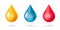 Water drop blue 3d icon vector graphic, golden yellow and blood red droplet isolated symbol realistic illustration set clipart