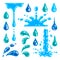 Water drop and splash. Cartoon liquid droplet graphic template, pure and clean water waves, morning dew and raindrop