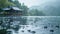 water droplets formed on Mountain lake during a rainy day, high detail to convey the natural beauty of raindrops