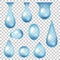 Water drops and bubbles. 3d realistic fresh blue droplet icons. Tear, dew or raindrop. Nature clean liquid shapes. Freshness logo