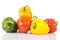 Water drops on freshness vegetables: green, orange, yellow, red paprika and tomatoes.