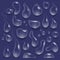 Water drops. Realistic drop of pure water, rain droplets and splashes, teardrops of different shapes vector illustration set