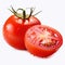 water drops visible on tomato on white background generative AI