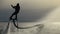 Water extreme. Flyboarder performs tricks over water. Silhouette of an unrecognizable male flyboarder