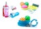 Water feeder, Bowls and rubber toys for pet on white