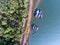 Water fields from a bird`s-eye view. Pink sunset and bright green foliage.