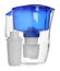 Water filter jug and replacement cartridge on white background