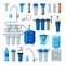 Water Filters Set, Equipment for Water Cleaning, Special Modern Technologies for Liquid Purification Vector Illustration