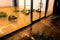 Water flowing through doors from a flooded office. Effects Tropical Storm Imelda. Houston, Texas, US