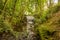 Water flowing over an old weir and through a woodland, over stones