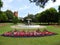 Water fountain and flower beds