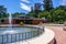 Water fountain in Los Gatos Civic Center; the Town Hall building visible in the background; south San Francisco bay area,