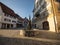 Water fountain spring in pedestrian zone market square of charming town of Riedlingen in Baden-Wuerttemberg Germany