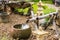 Water Fountain with Stone Basin and Bamboo Spigot and Stone Lantern at Garden