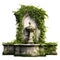 A water fountain with vines growing around it