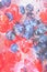 Water with fresh berries, close-up. Close-up view of the blueberries and raspberries in water background. Texture of