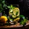 Water with fresh lemon, green leaves mint and cucumber in beautifully shaped glass on a woden tray.