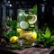 Water with fresh lemon, green leaves mint and cucumber in beautifully shaped glass on a woden tray.