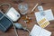 Water glass tonometer and medicaments on wooden background