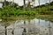 Water gushed into the garden lake in the city park.