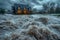 water gusps through a road near a house under a stormy sky