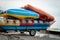 Water inflatable boats stacked at the beach