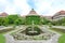 Water lily pond in front of Botanical Institute building in Munich Botanical Garden