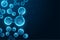 Water molecules science banner with copy space to add text in futuristic glowing style on dark blue