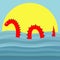 Water monster with thorns, eye, tail Swimming floating Sea ocean wave sunset. Snake shape. Loch Ness Nessy fictional creature. Cut