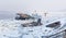 Water objects trapped on frozen river Danube