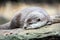 Water otter resting on a rock about to fall asleep