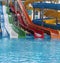 Water park. Blue pool slide swimming. Aquapark