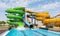 Water park with colorful slides and pools