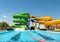 Water park with colorful slides and pools