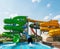 Water park with colorful slides and pools