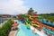 water park with numerous slides, including speedy water slide and gentle river ride