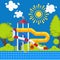 Water park vector illustration. Colorful poster in flat style, outdoor summer playground for family with children. Aqua