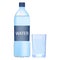 Water in a plastic bottle. Vector flat icon of capacity with liquid and glass. Dishes with mineral sparkling water