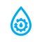 Water plumbing maintenance icon. Blue gear cog in water drop symbol